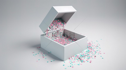 3d 渲染中的空礼品盒，周围洒有五彩纸屑，用于商业模板设计