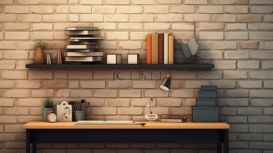 实物书房背景图片_简约的办公桌设置，配有文具和架子，搭配砖墙背景 3D 设计