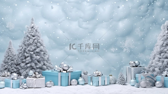 节日 3D 冬季装饰，配有白雪皑皑的圣诞树和节日快乐背景的礼品盒