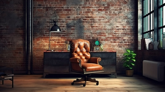 阁楼风格办公室内部的 3D 渲染，以工业主题和皮革扶手椅为特色