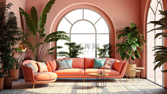 充满活力的室内空间，配有拱门沙发扶手椅水磨石地板和郁郁葱葱的绿色植物 3D 渲染插图