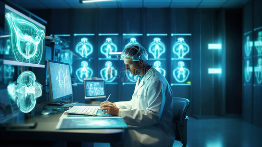办公人员背景图片_医疗专业人员在医院办公桌上检查患者记录，显示器上显示 3D 大脑