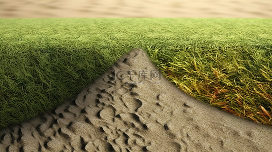 一半沙滩和一半绿草背景的 3D 渲染