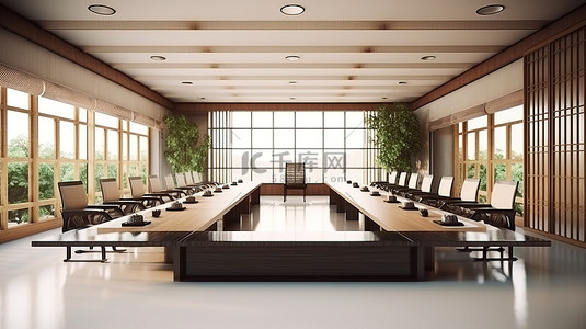 当代日本会议室配有优雅的商务桌 3D 渲染