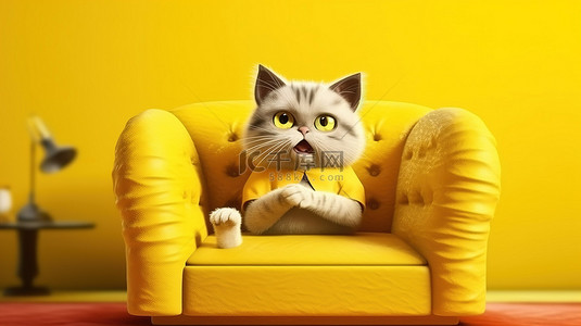 数字描绘了一个古怪的人物躺在充满活力的黄色沙发上，全神贯注于手机，同时抚摸着一只可爱的猫科动物