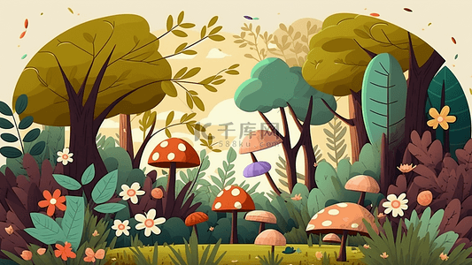 森林插画背景背景图片_蘑菇树林卡通插画背景