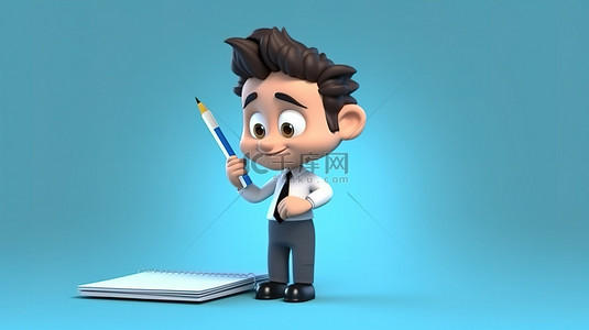 服务员卡通人物用笔记本和铅笔记下订单的 3D 插图