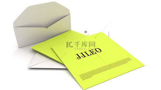 白色背景信封中包含的工作邀请函的 3D 渲染