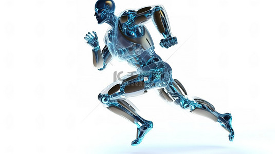 跑步的人背景图片_3D X 射线机器人在白色上隔离描绘高速技术的概念