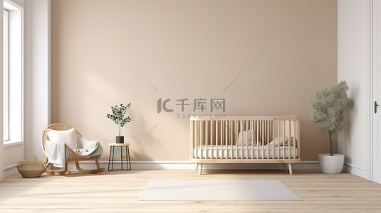 简约风格的斯堪的纳维亚托儿所，在宁静的白墙上配有木制婴儿床的 3D 渲染