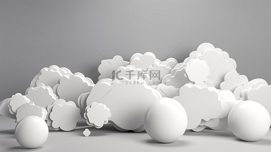 白色空白对话框背景图片_浅灰色横幅背景与孤立的 3d 白色语音气泡
