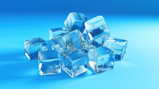 蓝色背景下冰冷的 3D 渲染冰块
