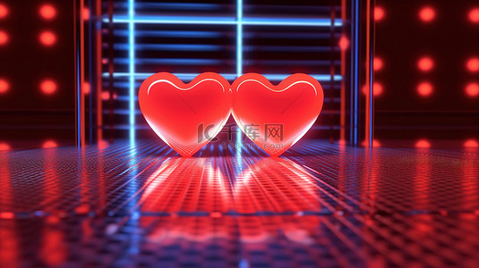 浪漫的情人节背景图片_耀眼的霓虹灯心照亮红色地板，打造浪漫的情人节 3D 设计