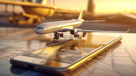 二维码背景图片_用飞机和手提箱在智能手机上扫描旅游和旅行二维码的 3D 渲染