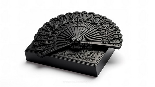 白色背景展示了黑色木手扇的 3D 渲染，带有精致的雕刻细节和配套的盒子