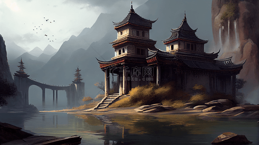 中式山脉背景图片_山河建筑中国风格插画背景