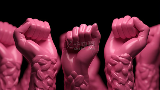 赋权的 3D 诠释举起象征女权运动的粉红色拳头