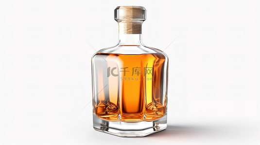 白色背景下玻璃和无标签威士忌酒瓶的 3D 渲染