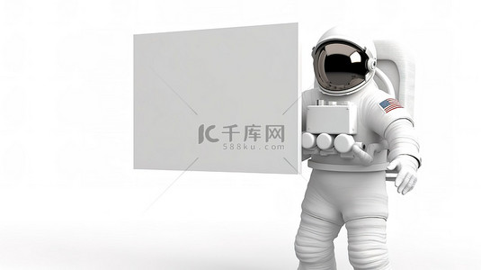 教育ppt封面背景图片_3D 渲染中的宇航员在白色背景下拿着白色面板标语牌
