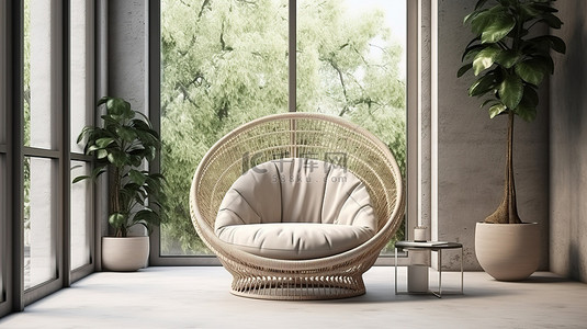 客厅绿洲，坐在 3D 渲染的柔软扶手椅上放松身心，欣赏花园景观