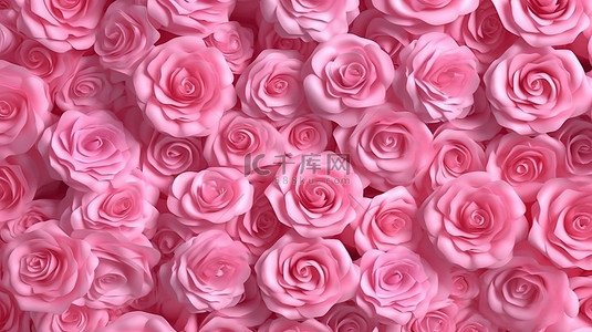 花墙背景图片_繁茂的粉红玫瑰花墙的 3D 渲染