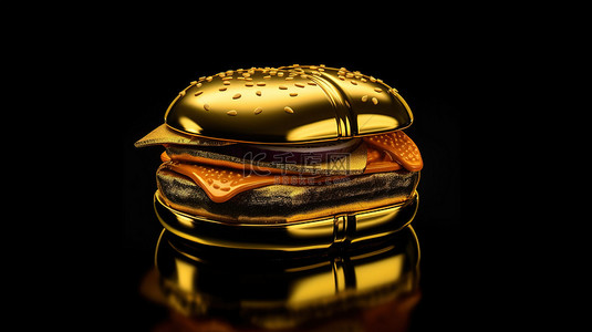 汉堡沙拉背景图片_深色背景上的金色汉堡 3D 渲染和插图