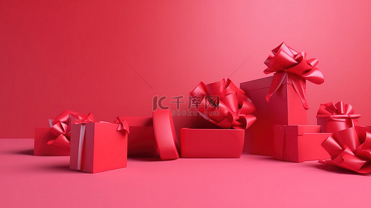 充满活力的 3D 红色礼盒，带彩色蝴蝶结，非常适合社交媒体横幅促销海报和生日