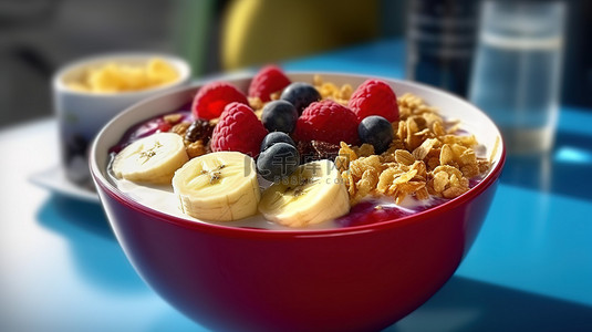 3d 代表巴西莓碗的特写，配有格兰诺拉麦片热带水果香蕉覆盆子炼乳和麦片