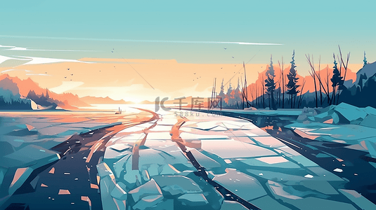 冬季城市背景图片_冬季黄昏河流冰面插图背景