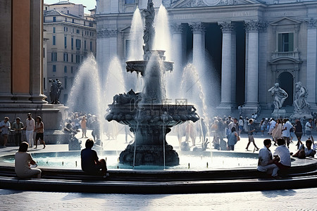 意大利街道背景图片_喷泉位于建筑物下方
