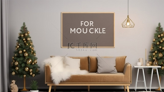 舒适的圣诞主题客厅中的 3D 渲染海报框架模型