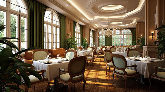 酒店餐厅传统内饰的永恒氛围 3D 渲染