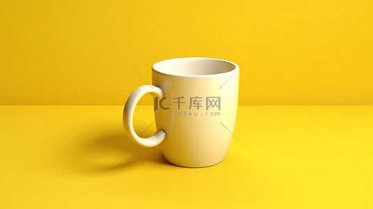 白色咖啡杯背景图片_亮黄色表面上的 3d 白色咖啡杯
