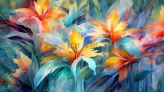 花色背景背景图片_令人惊叹的水彩画背景中的热带树叶和明亮的抽象花朵的 3D 插图