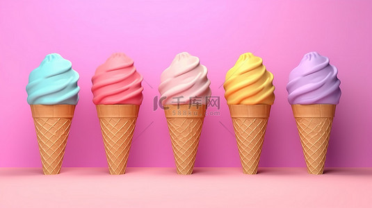 3D 渲染的卡通冰淇淋甜筒，在俏皮的粉色背景上有五种鲜艳的颜色