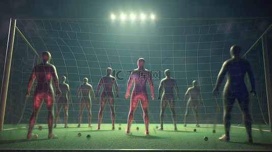 足球背景图片_3d 渲染中的多元文化足球运动员在足球场上进球