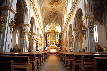 一座古老教堂的内部景观，配有长椅和华丽的装饰