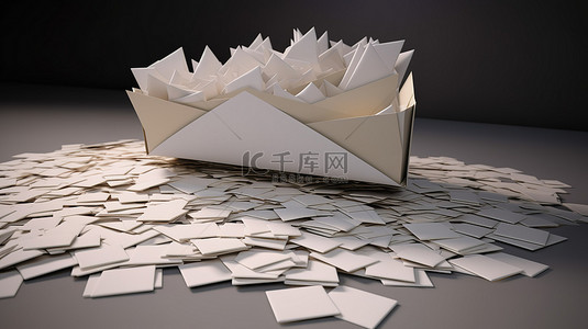 一个打开的信封和空白卡片，在一堆封闭的字母中以 3D 形式描绘