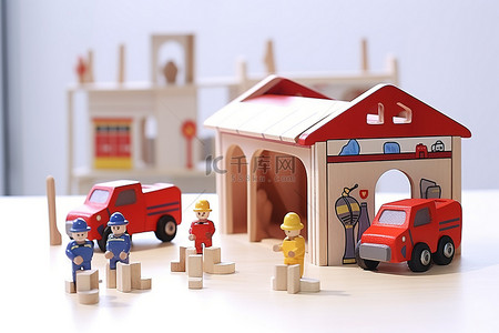 jbs 木制消防站玩具，配有车辆和消防员