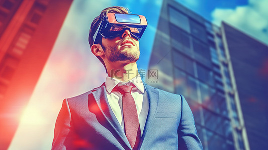 在阳光照射的环境中通过虚拟现实眼镜和数字 VR 设备拥抱未来体验 3D 视觉技术
