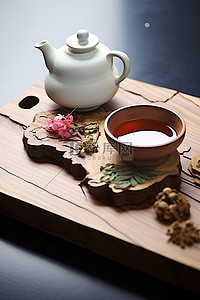 上核桃背景图片_木托盘上的东方茶