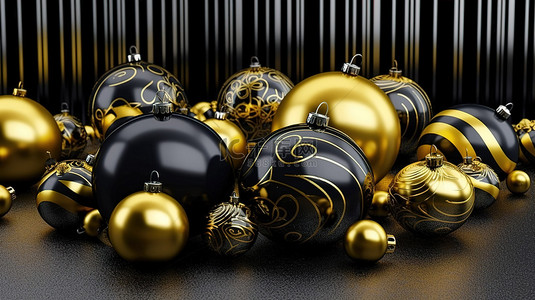 带有黑色和黄色圣诞装饰品和装饰元素的节日背景的 3D 渲染