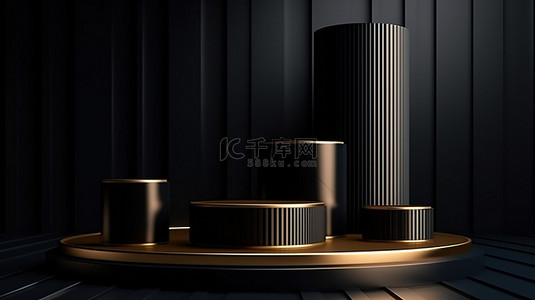 优雅的3D产品展示垂直摄影黑色圆柱讲台金色装饰壁纸