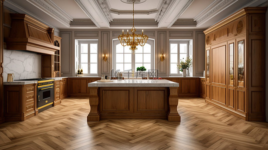 优雅的经典厨房，配有木质装饰和大理石地板，是豪华室内设计 3D 渲染中令人惊叹的成品项目