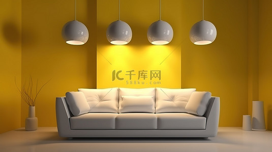 室内元素柔软的沙发和 3D 渲染的灯具