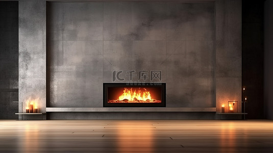 燃烧的火焰背景图片_宽敞的混凝土壁炉中燃烧的火焰，内置火箱，辅以两个黑色落地灯 3D 可视化