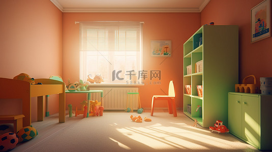 阳光照射的儿童房 3D 渲染插图