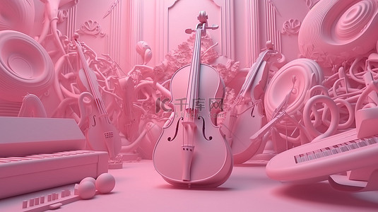 为音乐会渲染的美丽抽象背景 3d 上的粉红色乐器