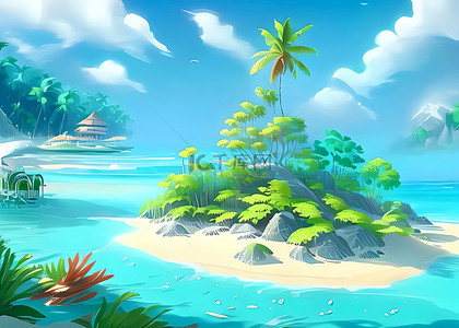 夏天插画背景图片_海滩海滨椰树蓝色卡通插画