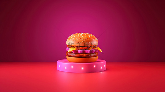 汉堡背景图片_漂浮在深粉色宇宙背景中的时尚 3D 粉色芝士汉堡